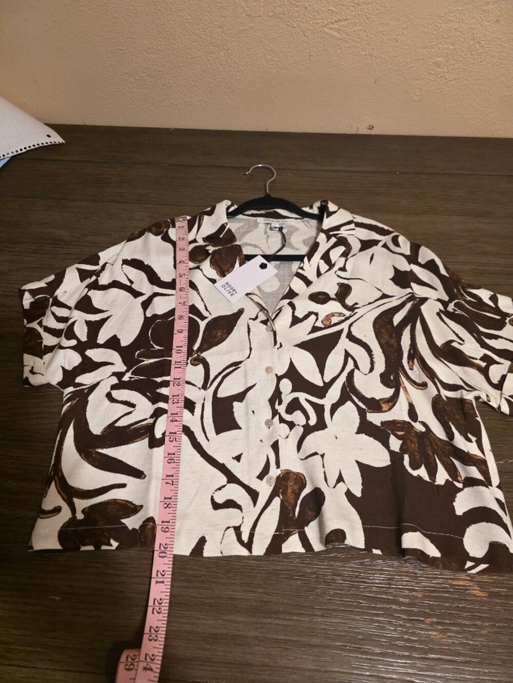 Rose + Olive Linen Blend Floral Button Up Shirt NWT Cream Brown Small - Picture 4 of 13